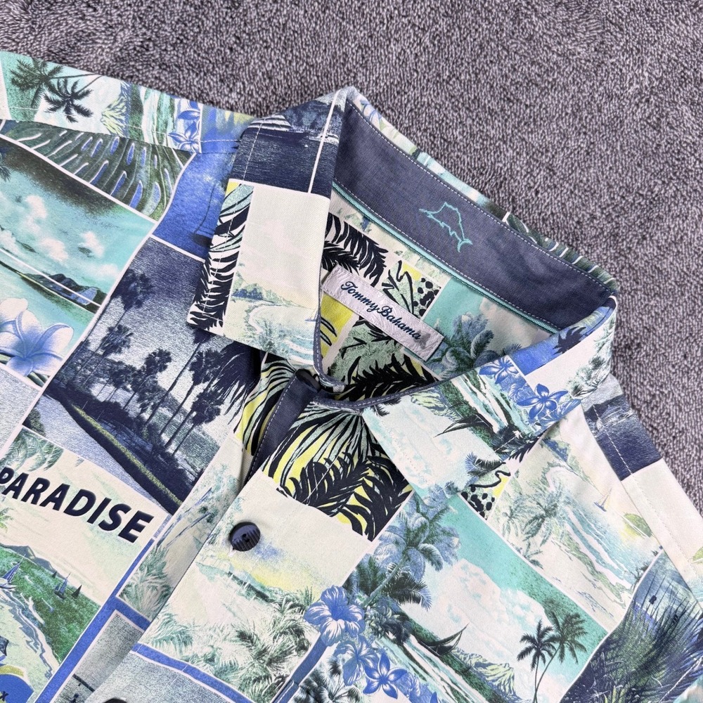 Tommy Bahama Mens Medium Silk Paradise Postcard Tropical Camp Shirt Blue Green